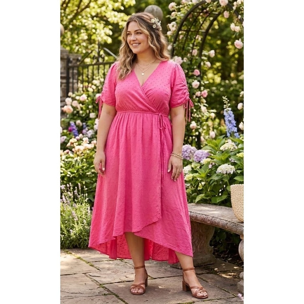 Torrid Midi Swiss Dot Surplice Dress Womens 1 Honeysuckle Pink Feminine Romantic